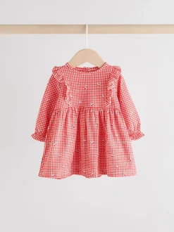 Crème beer/ rode kersen geruit - Verpakking van 2 jersey babyjurkjes (0 mnd-2 jr)