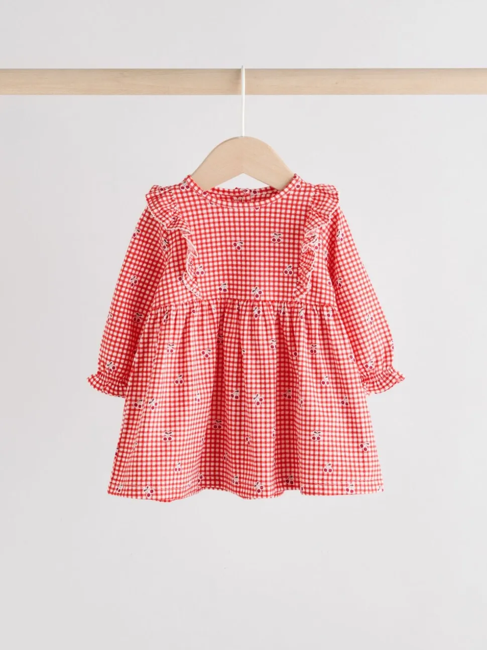 Crème beer/ rode kersen geruit - Verpakking van 2 jersey babyjurkjes (0 mnd-2 jr)