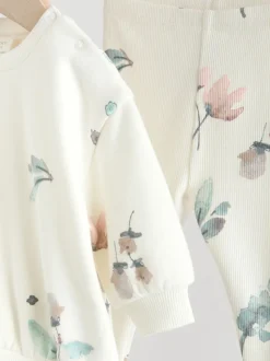 Crème gebloemd - Set van 2 -delige Baby Sweater en Joggingbroeken (0mnd -2jr)