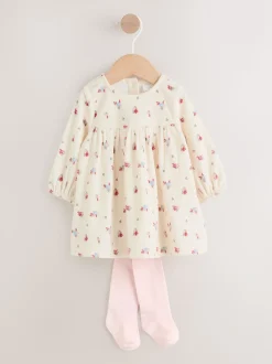 Crème met bloemetjesprint - 2 -delige Baby Set van velours Jurk met Lange mouwen en Panty''s (0mnd-2jr)
