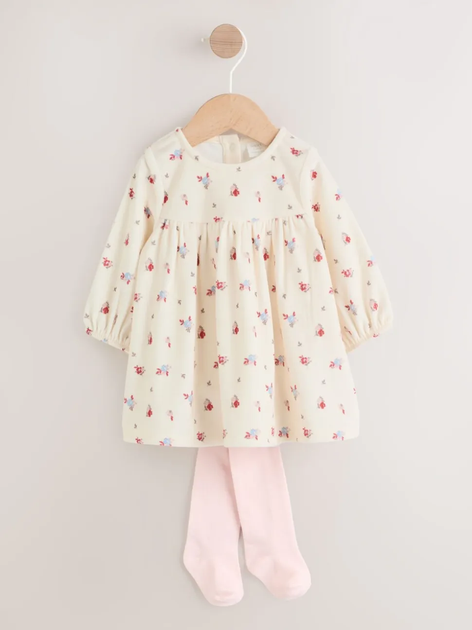 Crème met bloemetjesprint - 2 -delige Baby Set van velours Jurk met Lange mouwen en Panty''s (0mnd-2jr)