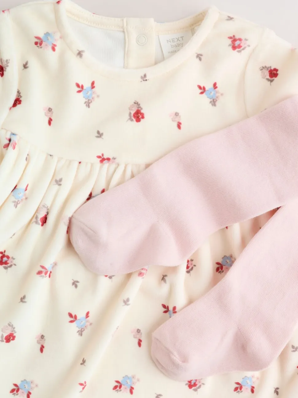 Crème met bloemetjesprint - 2 -delige Baby Set van velours Jurk met Lange mouwen en Panty''s (0mnd-2jr)