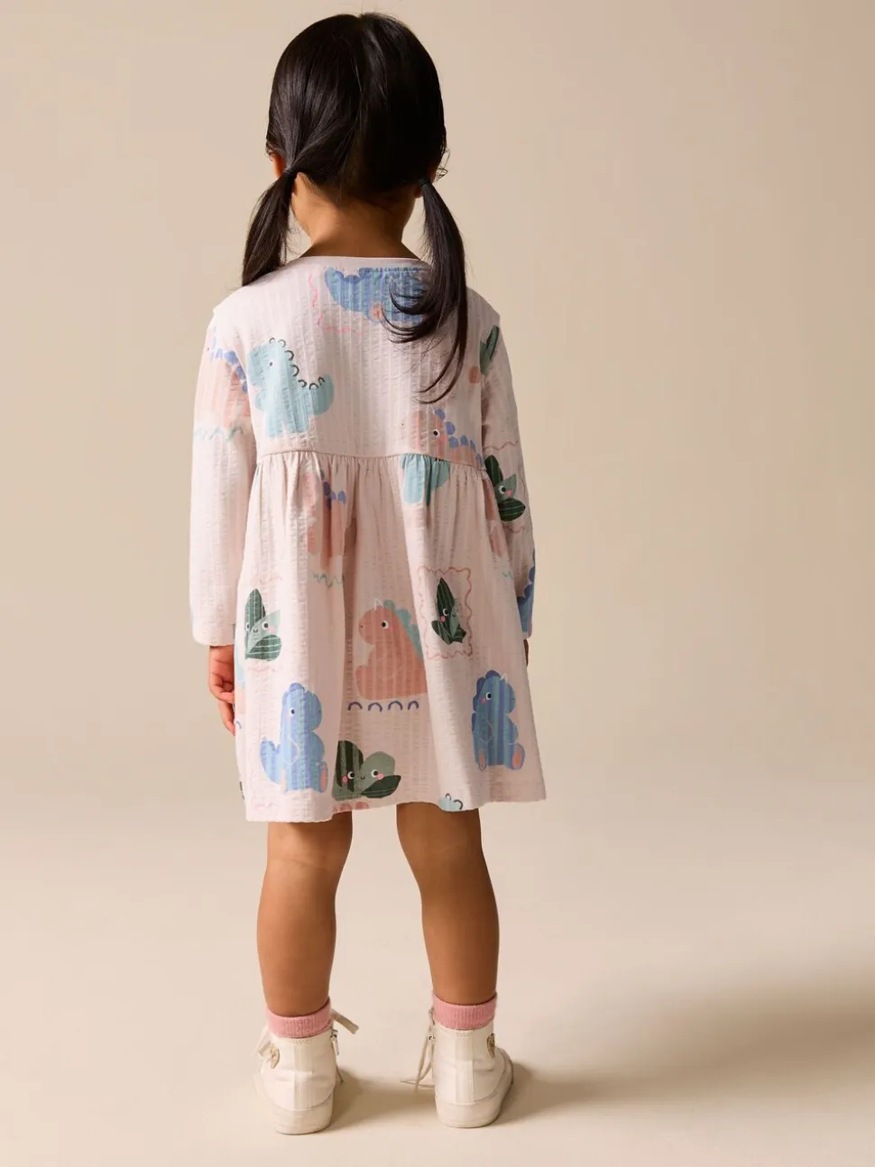 Crème met dinosaurussen - Jersey jurk met lange mouwen (3 mnd-7 jr)