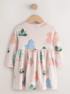 Crème met dinosaurussen - Jersey jurk met lange mouwen (3 mnd-7 jr)