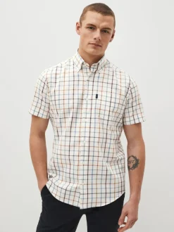 Crème/blauw Tattersall-ruit - Strijvrij Oxford overhemd met korte mouwen en knopen