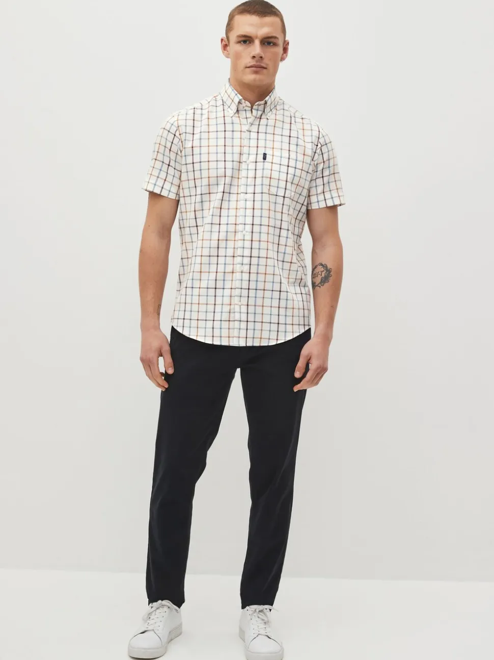 Crème/blauw Tattersall-ruit - Strijvrij Oxford overhemd met korte mouwen en knopen