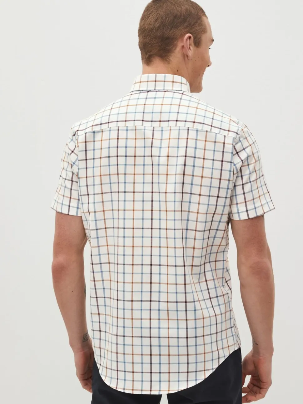 Crème/blauw Tattersall-ruit - Strijvrij Oxford overhemd met korte mouwen en knopen