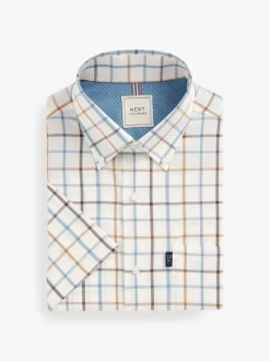 Crème/blauw Tattersall-ruit - Strijvrij Oxford overhemd met korte mouwen en knopen