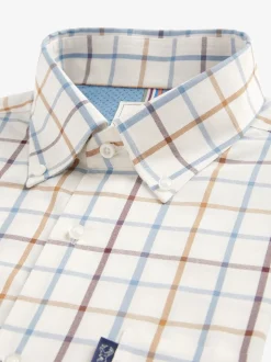 Crème/blauw Tattersall-ruit - Strijvrij Oxford overhemd met korte mouwen en knopen