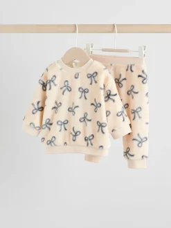Crème/grijs - Set van zachte velours trui met strikprint en broek (0mnd -2jr)