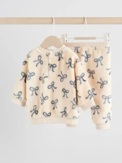 Crème/grijs - Set van zachte velours trui met strikprint en broek (0mnd -2jr)
