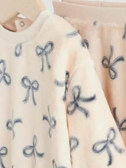 Crème/grijs - Set van zachte velours trui met strikprint en broek (0mnd -2jr)