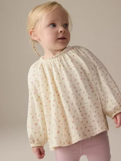 Crèmekleurige fijne bloemenprint - Blouse met lange mouwen en geplooide hals (3mnd-7jr)