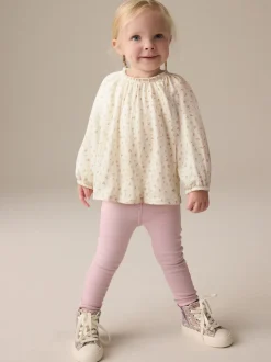 Crèmekleurige fijne bloemenprint - Blouse met lange mouwen en geplooide hals (3mnd-7jr)