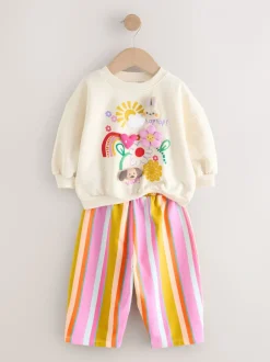 Crèmekleurige strepen gewatteerde figuurtjes - Set van sweatshirt en joggingbroek met rechte wijde pijpen (3mnd -7jr)