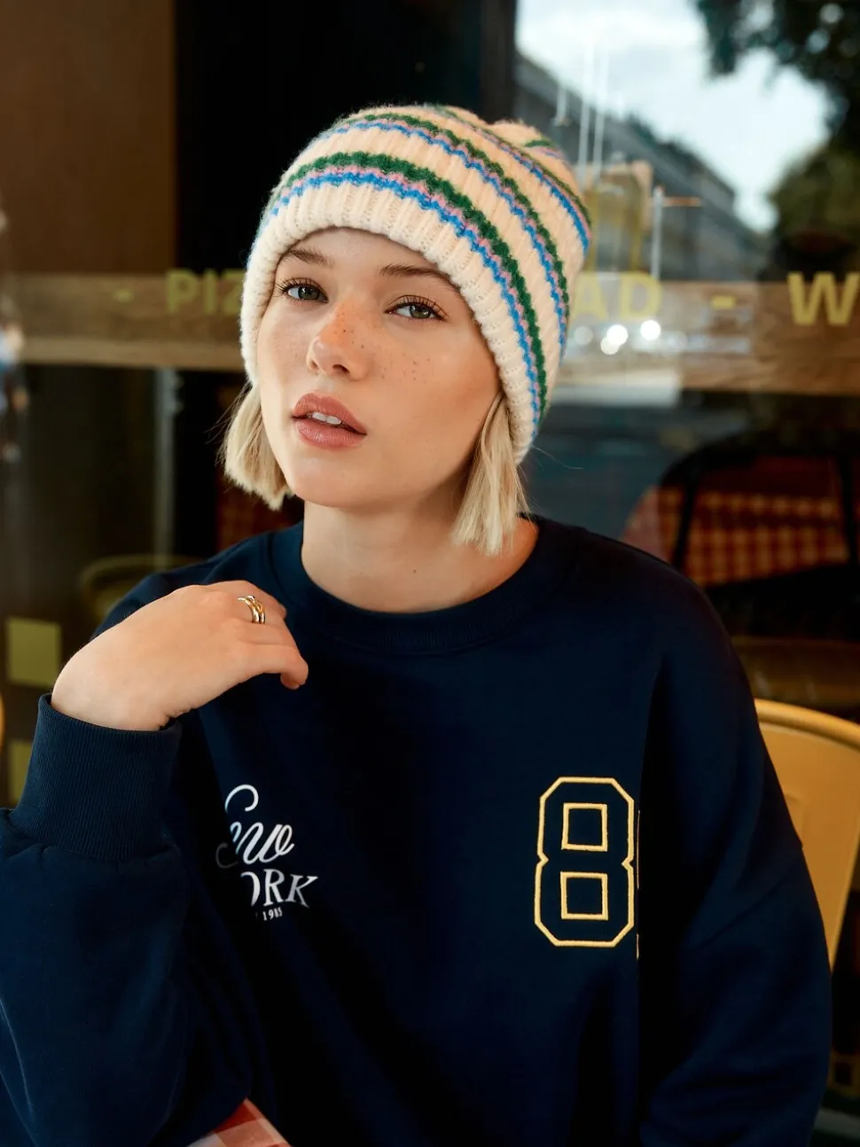 Crèmekleurig/roze/groen - Gebreide beanie-muts
