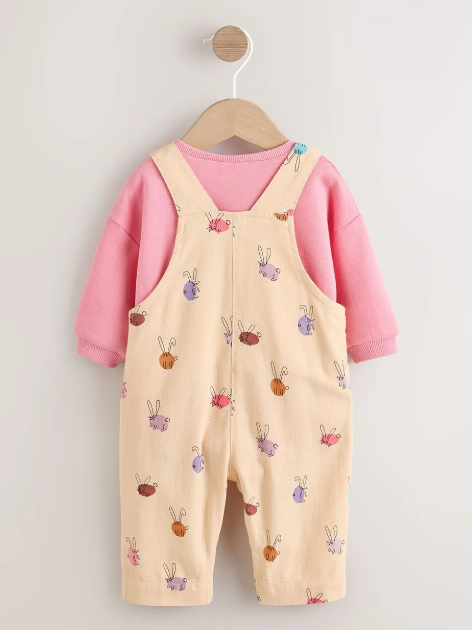 Crème/Roze konijn - Babyset van tuinbroek en rompertje, tweedelig (0mnd-3jr)