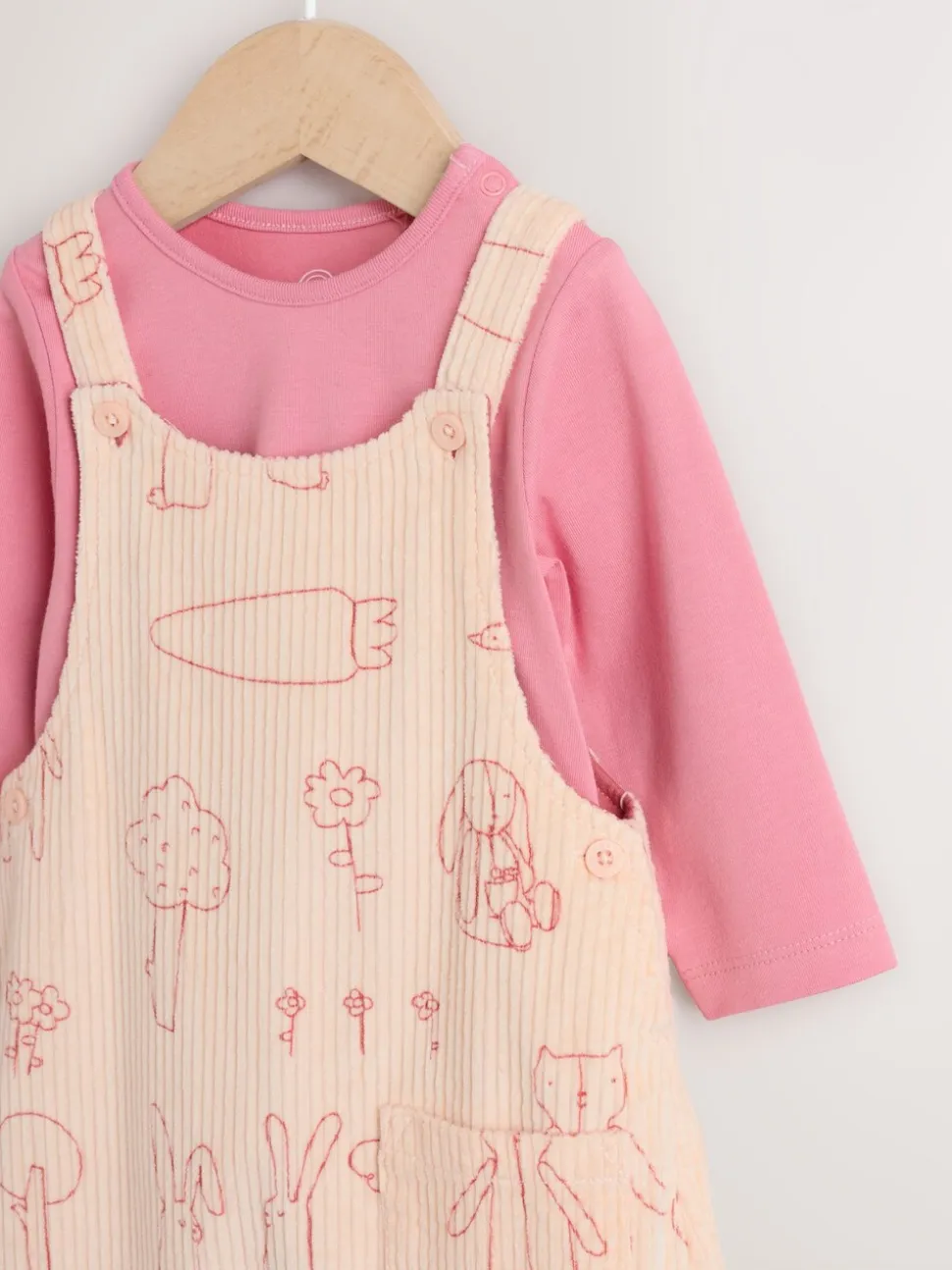 Crème/roze personage - Babyset van tuinbroek en rompertje, tweedelig (0mnd-3jr)
