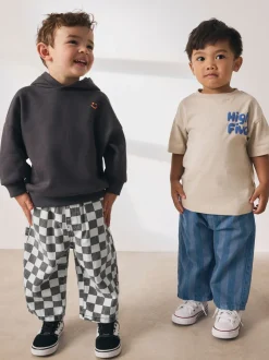Dambordmotief/Blauwe Strepen - Set van 2 wijde broeken met elastische taille (3mnd-7jr)