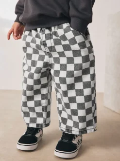 Dambordmotief/Blauwe Strepen - Set van 2 wijde broeken met elastische taille (3mnd-7jr)