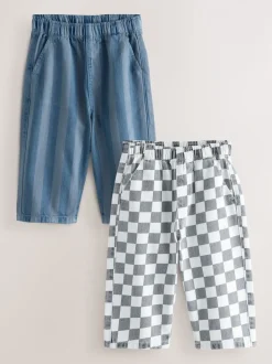 Dambordmotief/Blauwe Strepen - Set van 2 wijde broeken met elastische taille (3mnd-7jr)