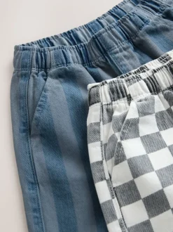 Dambordmotief/Blauwe Strepen - Set van 2 wijde broeken met elastische taille (3mnd-7jr)