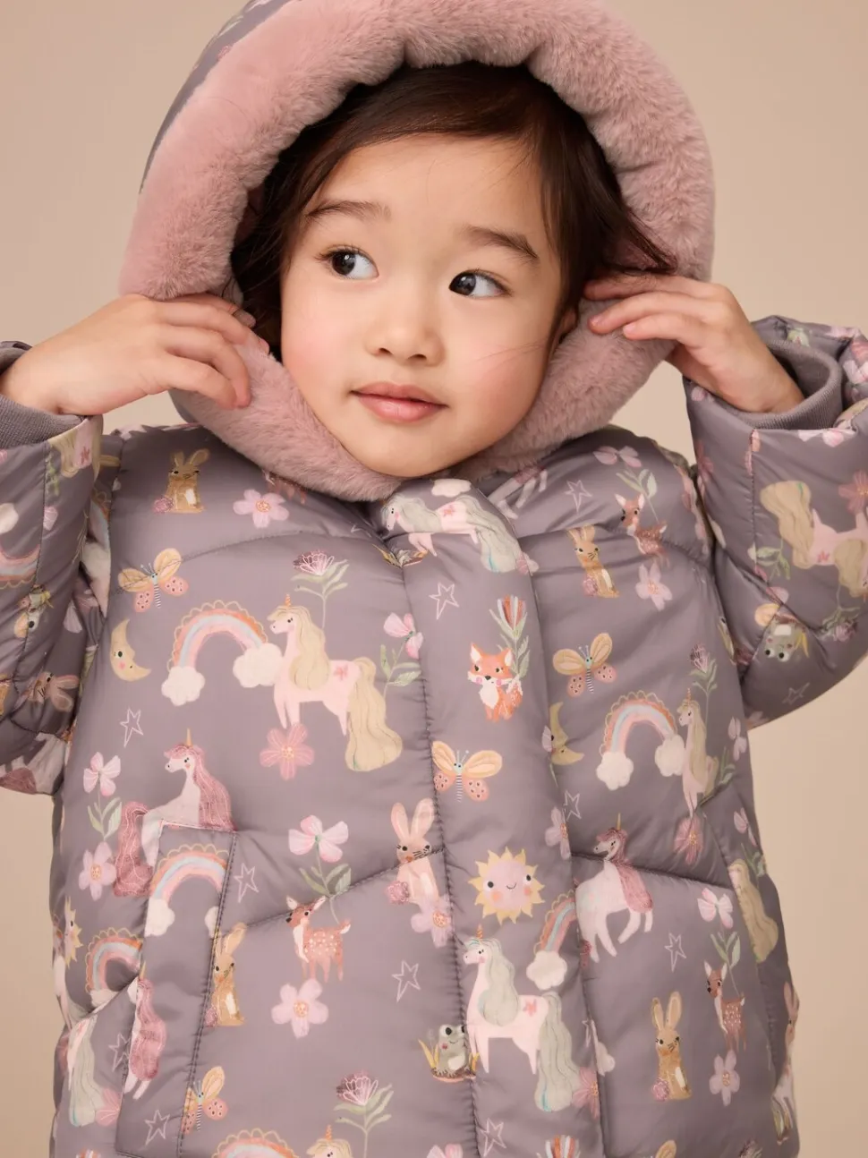 Damson Unicorn - Regenbestendige gewatteerde jas met imitatiebont afwerking (3mnd-7jr)