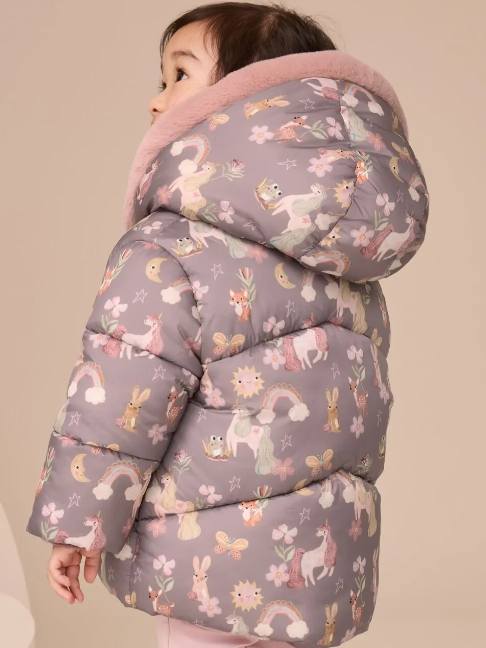 Damson Unicorn - Regenbestendige gewatteerde jas met imitatiebont afwerking (3mnd-7jr)