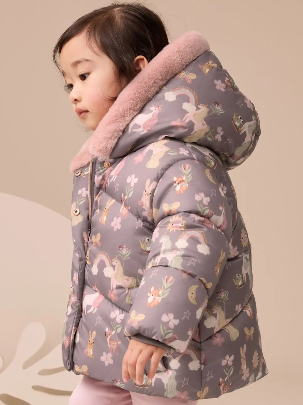Damson Unicorn - Regenbestendige gewatteerde jas met imitatiebont afwerking (3mnd-7jr)