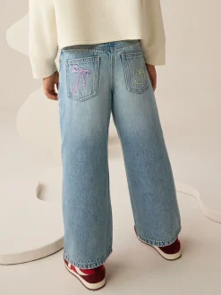 Denim - Jeans met wijde pijpen en borduursel (3-16jr)