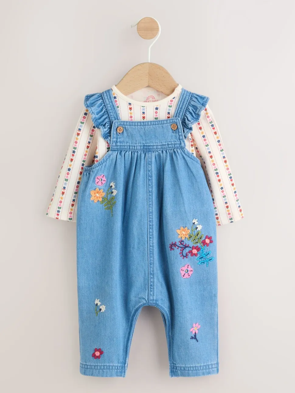 Denim met borduursel - Set van bretelbroek en bodysuit met lange mouwen 2 -delig (0mnd -3jr)