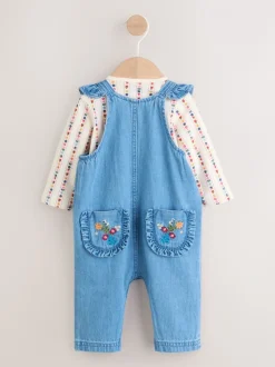 Denim met borduursel - Set van bretelbroek en bodysuit met lange mouwen 2 -delig (0mnd -3jr)