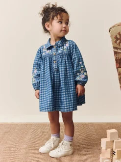 Denim met ruit en borduursel - Jurkje met kraag en lange mouwen (3mnd-8jr)