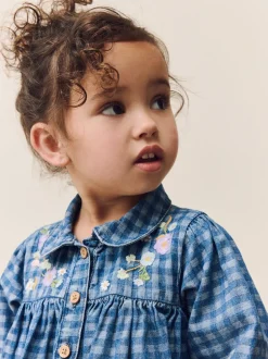 Denim met ruit en borduursel - Jurkje met kraag en lange mouwen (3mnd-8jr)