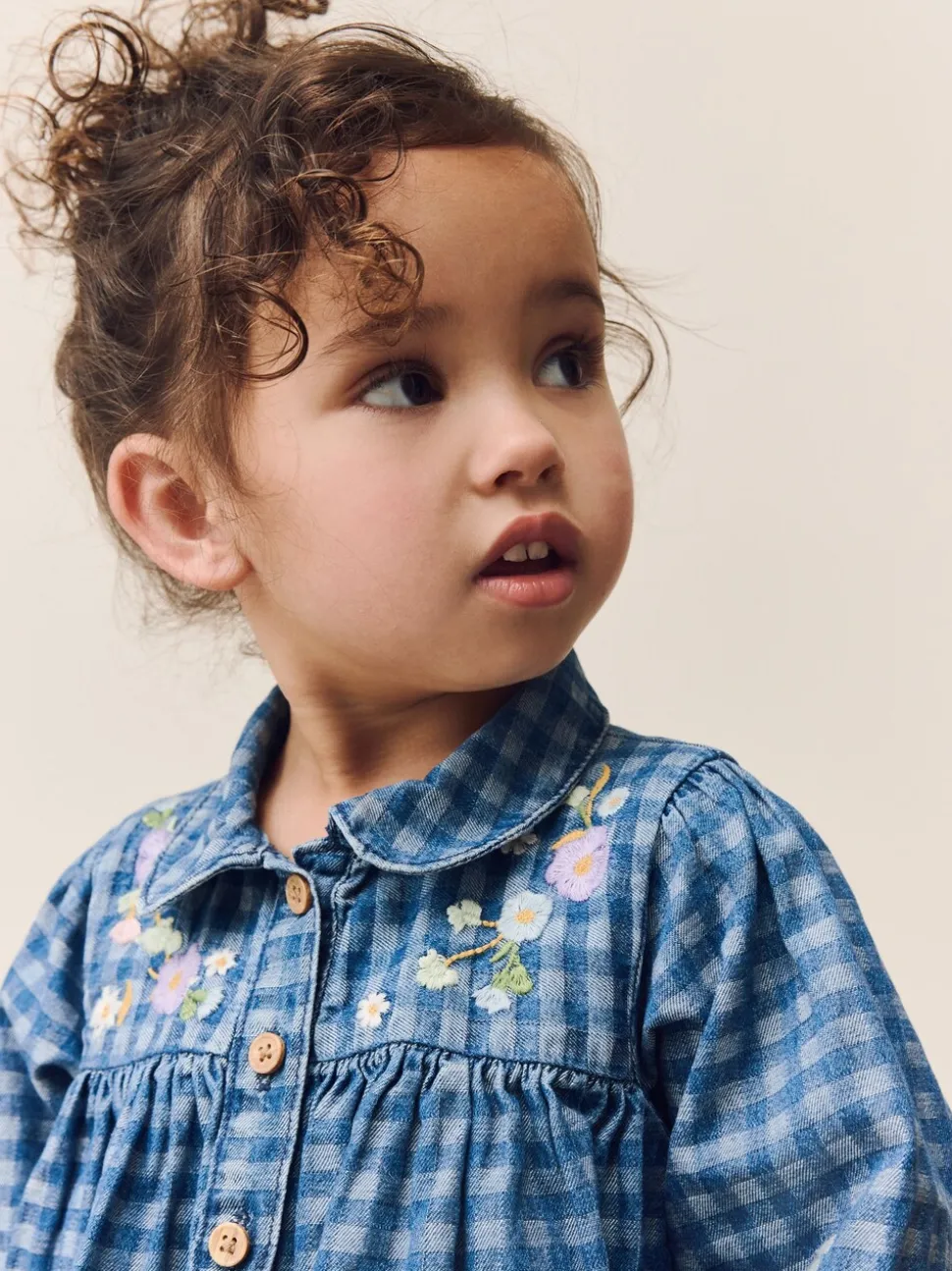 Denim met ruit en borduursel - Jurkje met kraag en lange mouwen (3mnd-8jr)
