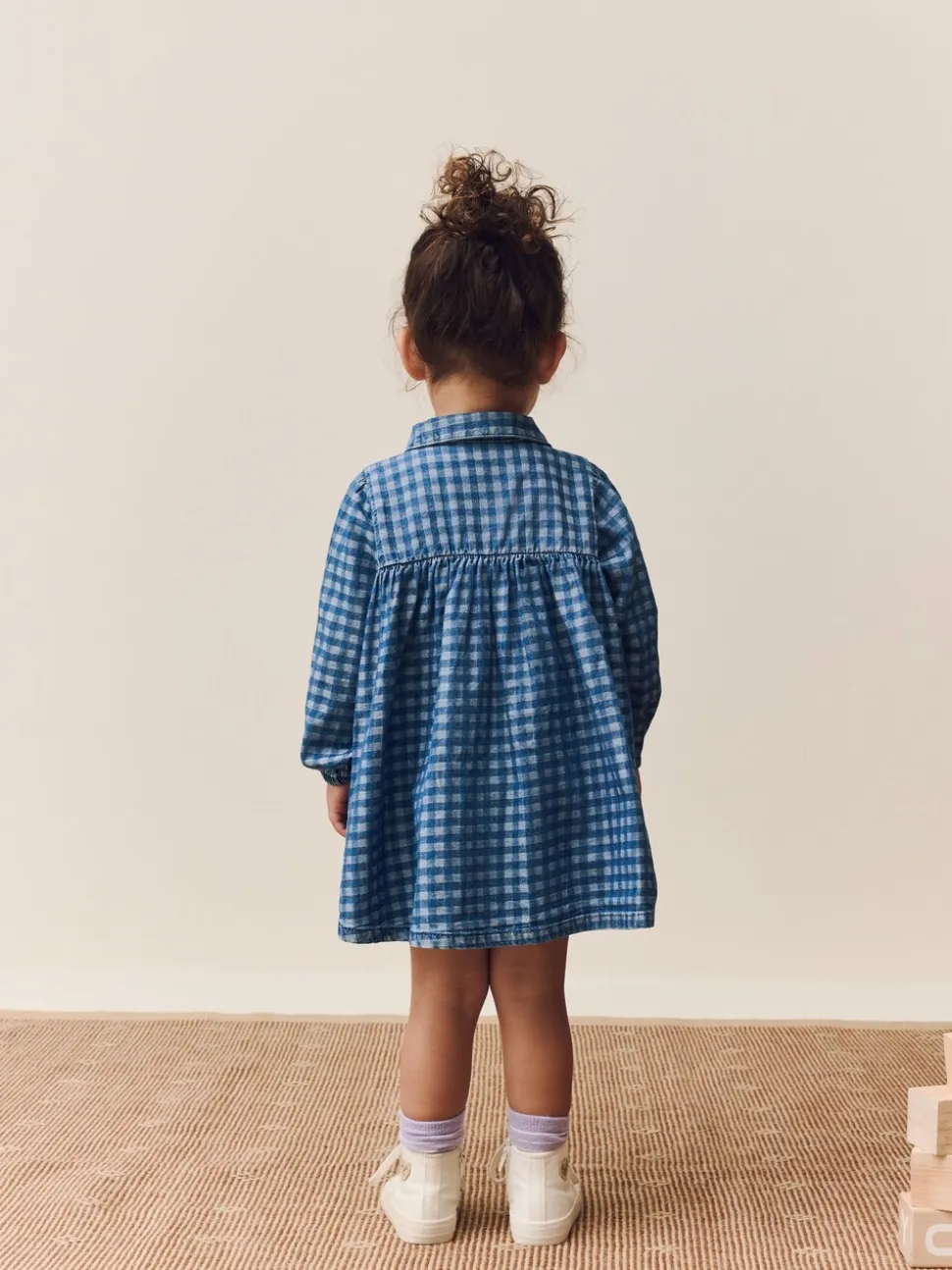 Denim met ruit en borduursel - Jurkje met kraag en lange mouwen (3mnd-8jr)