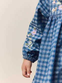 Denim met ruit en borduursel - Jurkje met kraag en lange mouwen (3mnd-8jr)
