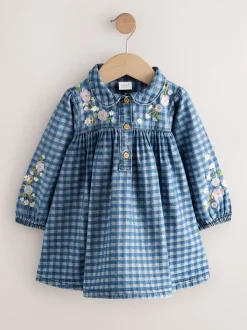 Denim met ruit en borduursel - Jurkje met kraag en lange mouwen (3mnd-8jr)
