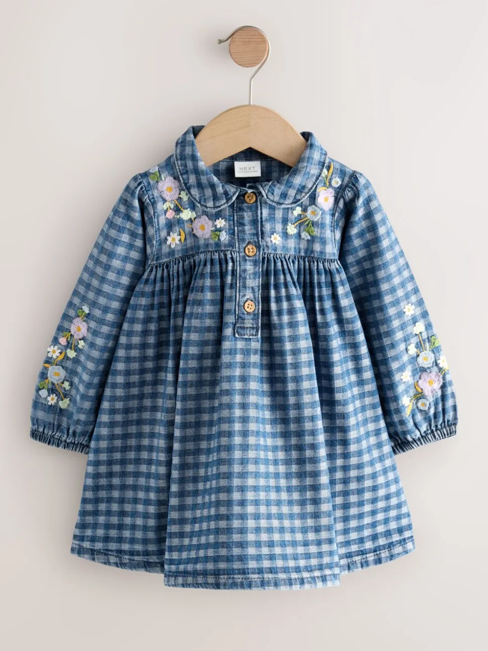 Denim met ruit en borduursel - Jurkje met kraag en lange mouwen (3mnd-8jr)