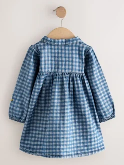 Denim met ruit en borduursel - Jurkje met kraag en lange mouwen (3mnd-8jr)