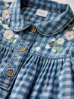 Denim met ruit en borduursel - Jurkje met kraag en lange mouwen (3mnd-8jr)