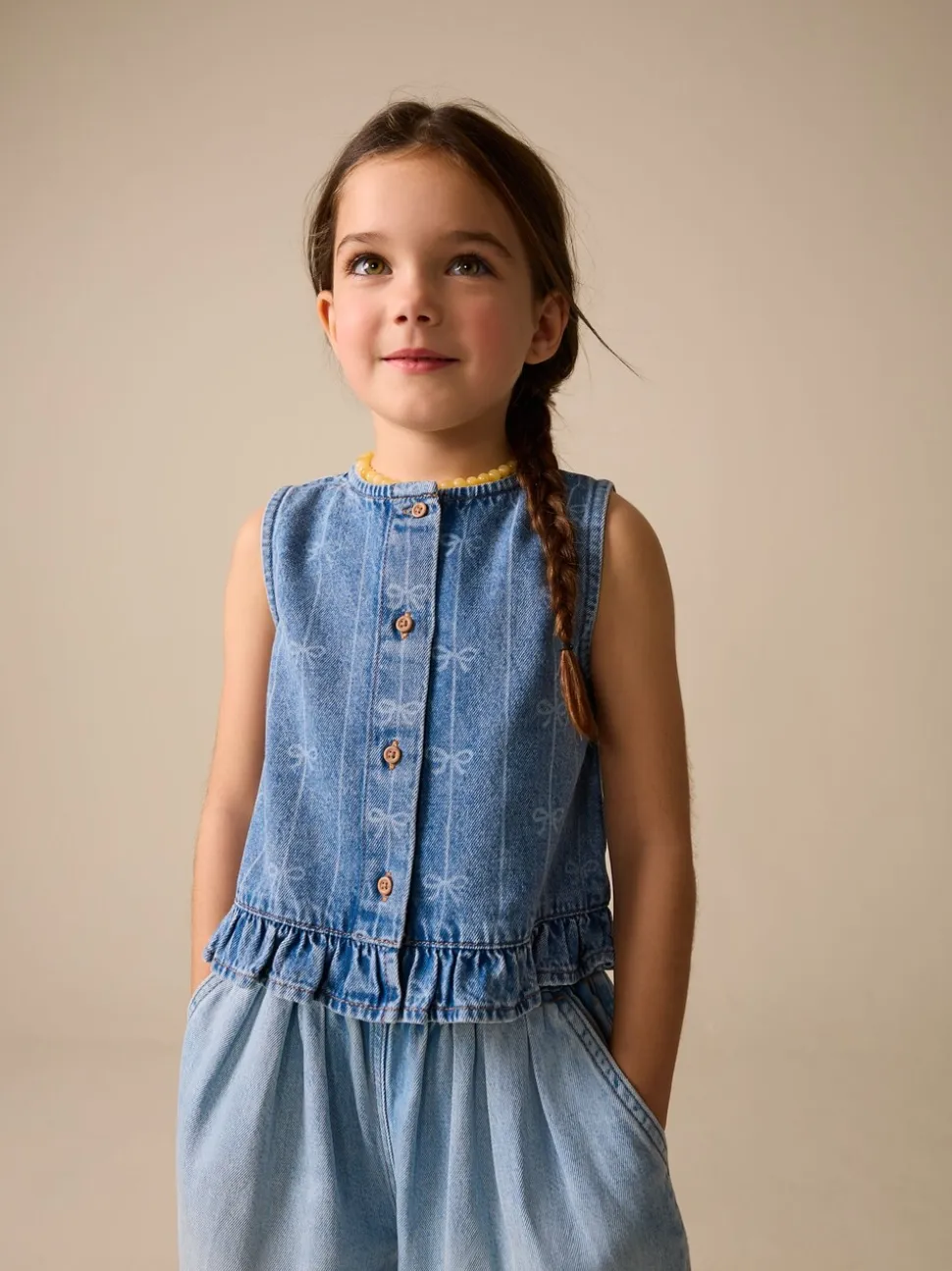 Denimblauw - Denim Bow Sleeveless Waistcoat (3-16yrs)