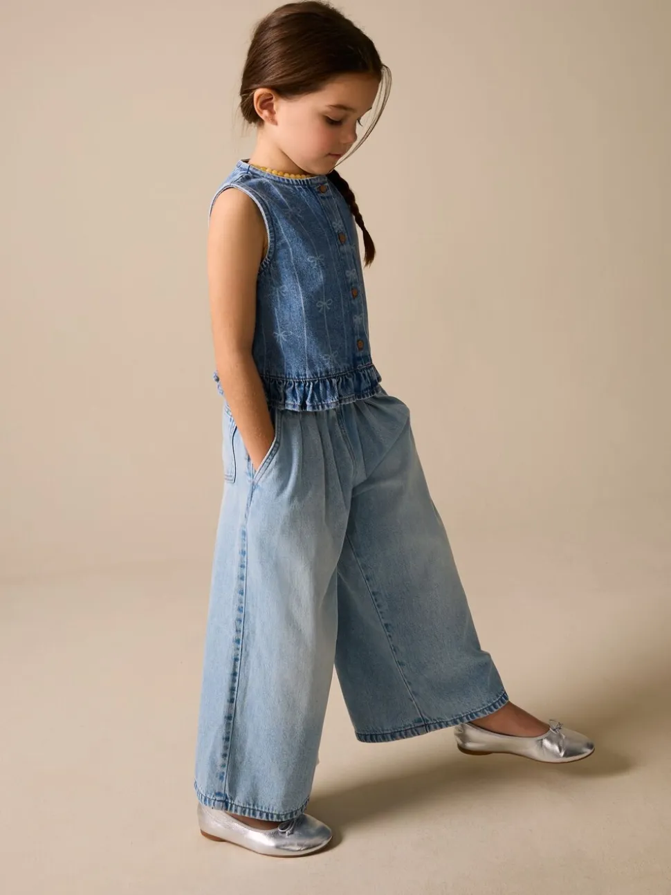 Denimblauw - Denim Bow Sleeveless Waistcoat (3-16yrs)