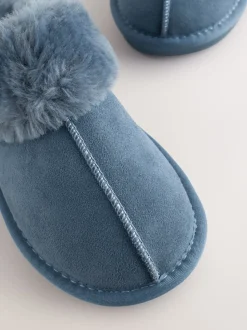 Denimblauw - Met imitatiebont gevoerde suède pantoffelmuiltjes
