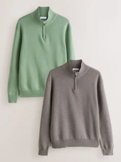 Donker steengrijs/saliegroen - 100% Cotton Regular Fit Premium Quarter Zip Jumpers 2 Pack