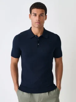 Donkerblauw - Aansluitend - Gebreid poloshirt met hoog katoengehalte en korte mouwen
