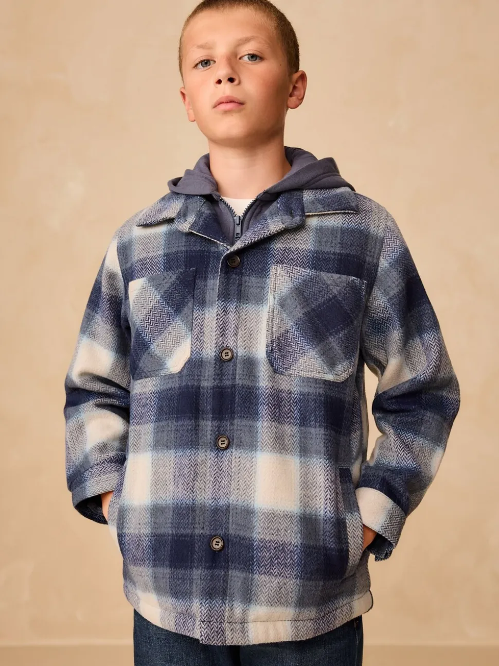 Donkerblauw - Borg gevoerde Ruit Overshirt Met capuchon (3-16jr)