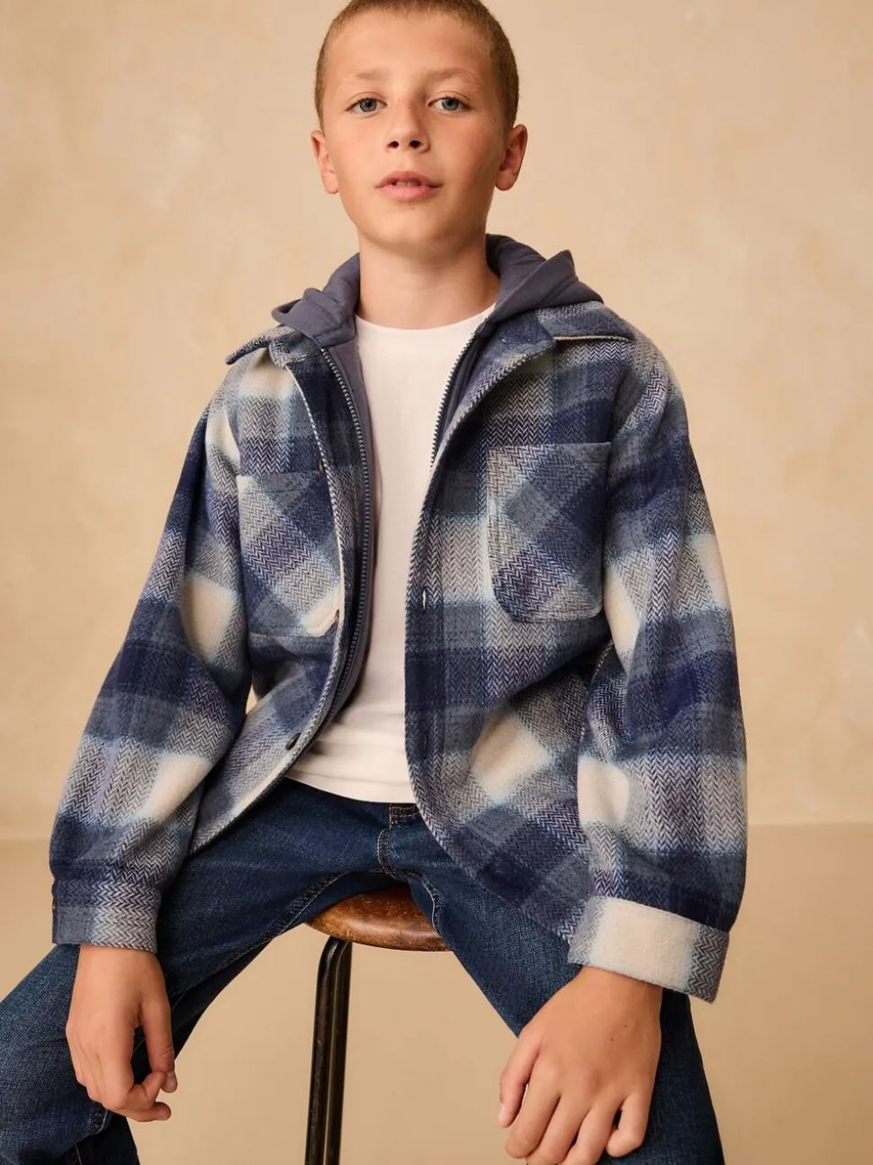 Donkerblauw - Borg gevoerde Ruit Overshirt Met capuchon (3-16jr)