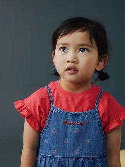 Donkerblauw - Cherry Printed Denim Playsuit and T-Shirt (3mths-7yrs)