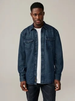 Donkerblauw - Denim Western 100% Cotton Long Sleeve Shirt